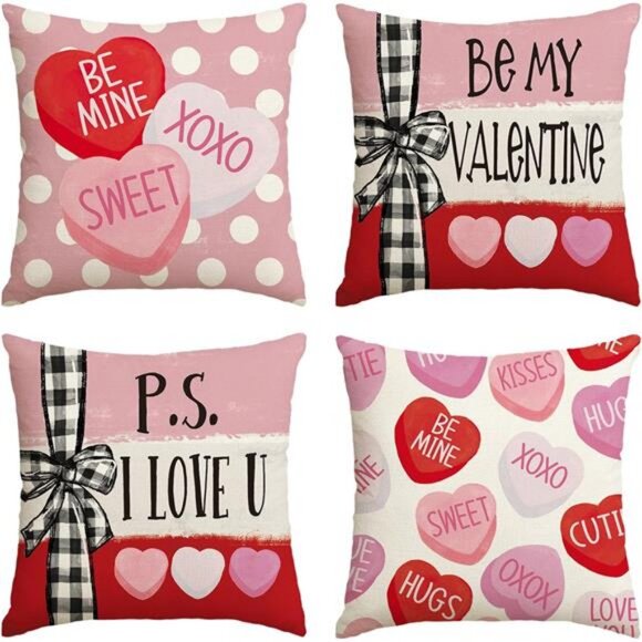 Other - Lovely Be My Valentine Red Candy Heart Throw 4 Pillow Covers, 18 x 18